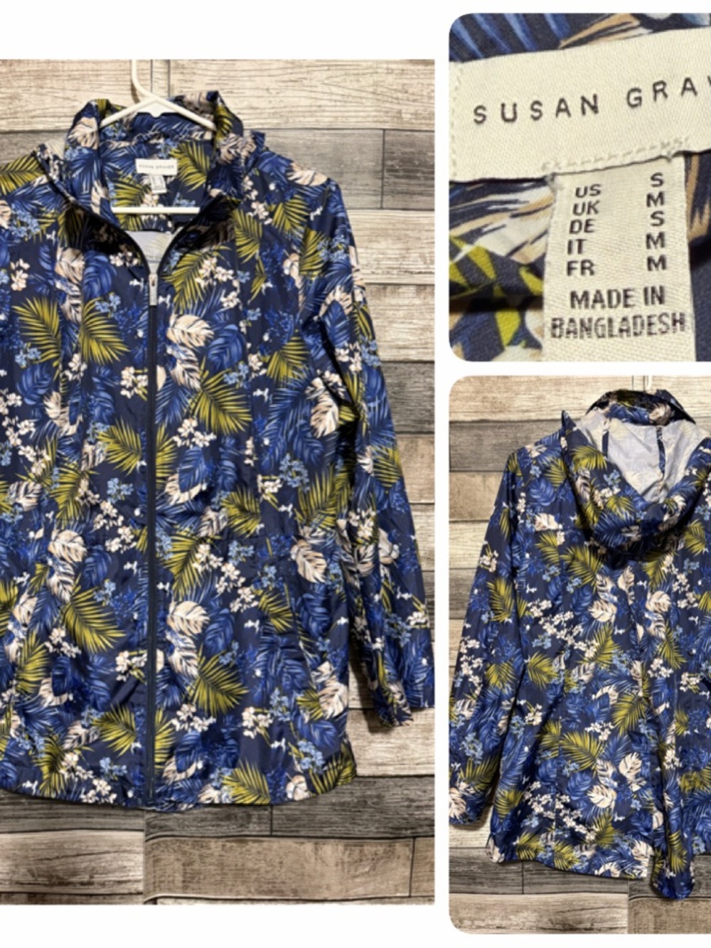 Susan Graver Floral Windbreaker Jacket Women’s S Blue Full Zip Hooded